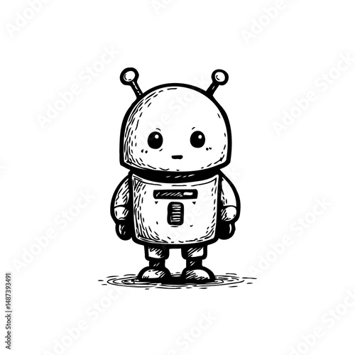 Charming whimsical hand-drawn robot illustration on isolated clean background