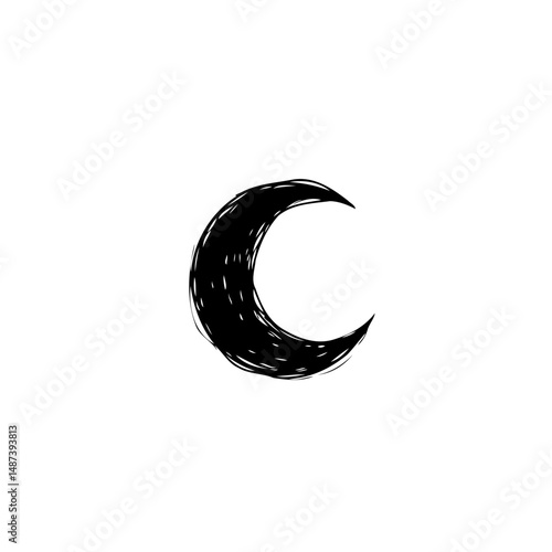 Stylized celestial body portrayal: Crescent moon rendered with expressive, irregular lines
