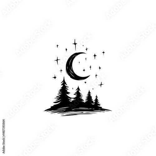 Serene nocturnal scene featuring moonlit trees beneath a star-filled expanse