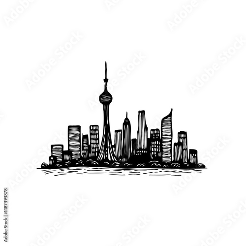 Monochrome cityscape drawing depicting skyscrapers and architectural landmarks