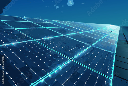 Generate a vibrant, abstract image of a dynamic solar panel pattern, featuring glowing grid lines and a futuristic design aesthetic.  High-resolution, detailed, and visually striking.
