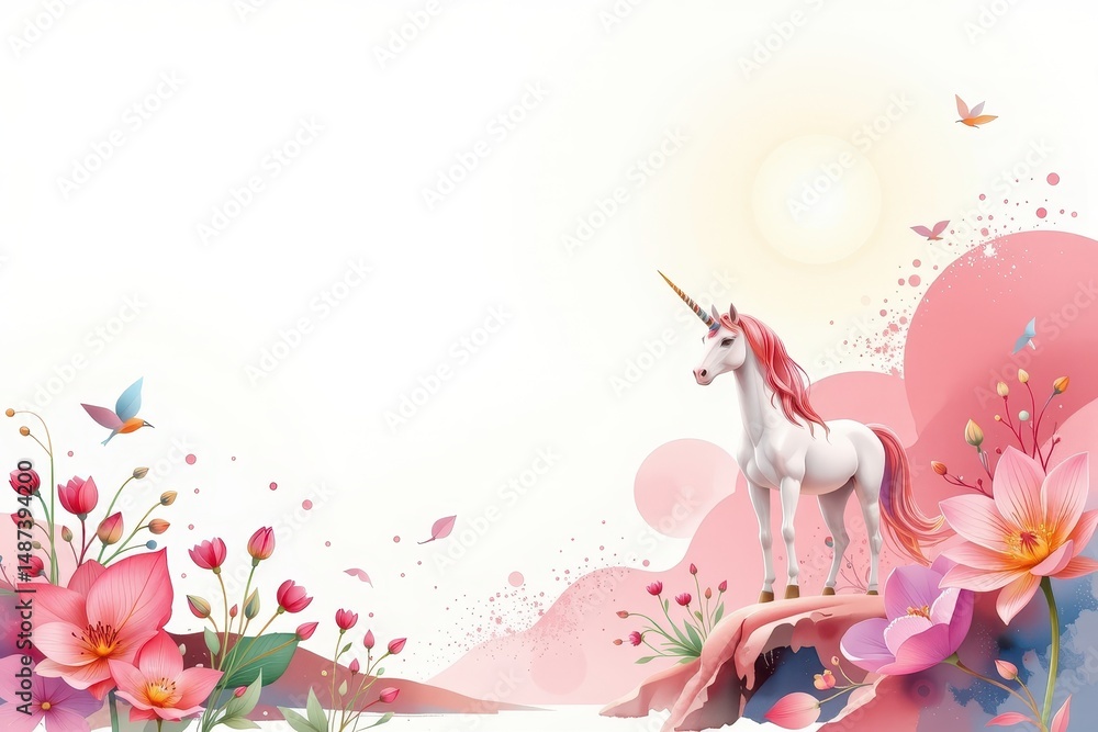 Naklejka premium imagine a mesmerizing watercolor clipart illustration set against a pristine white background, the scene depicts a utopia bathed in radiant pink tones, exuding an ethereal and otherworldly beauty