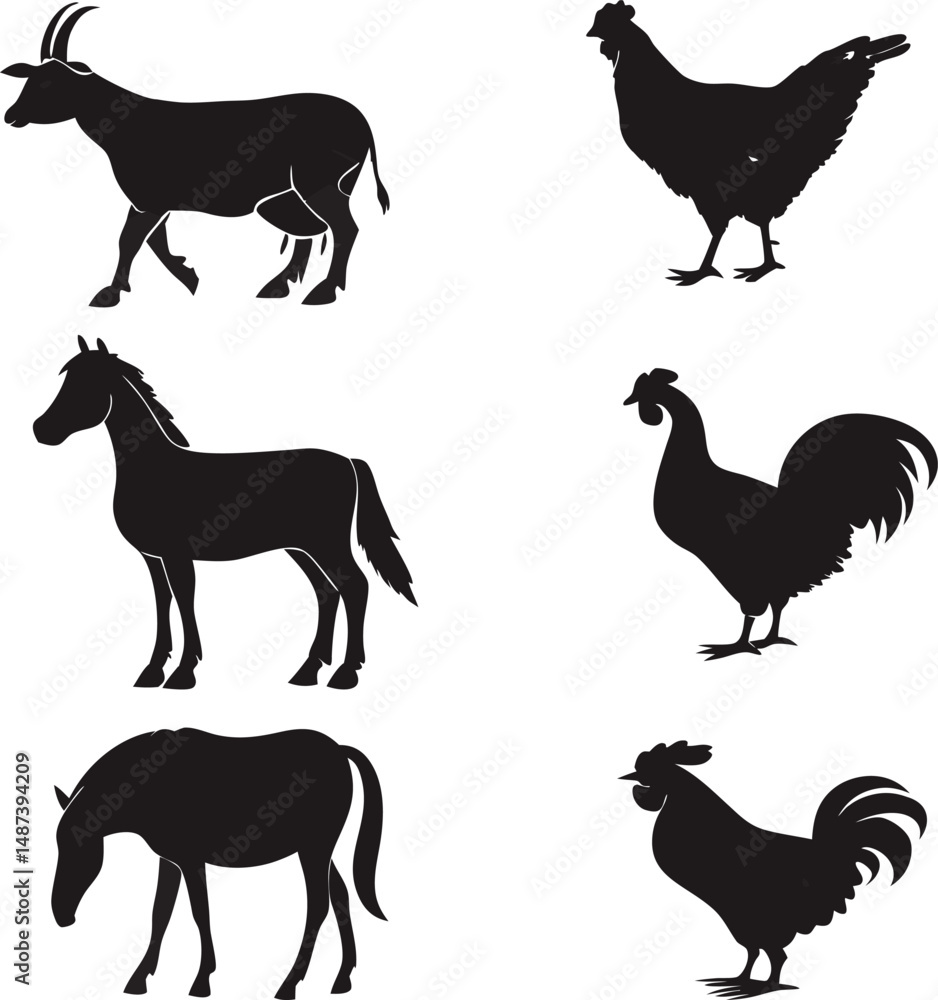 A black silhouette vector set showcases a farm animals collection including a horse, cow, pig, sheep, goat, dog, and cat icon illustration A black silhouette vector set showcases a farm animals collection including a horse, cow, pig, sheep, goat, dog, and cat icon illustration