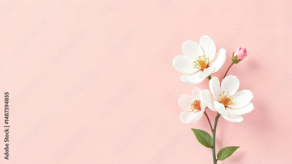 Fototapeta premium White delicate flowers with graceful petals on a pink background. Blooming primroses. Copy space for text.