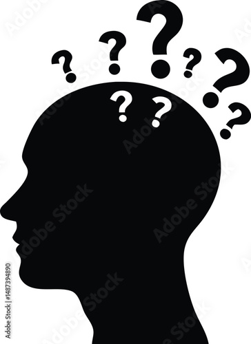 Silhouette of a pensive human head profile displays several questions above the cranium