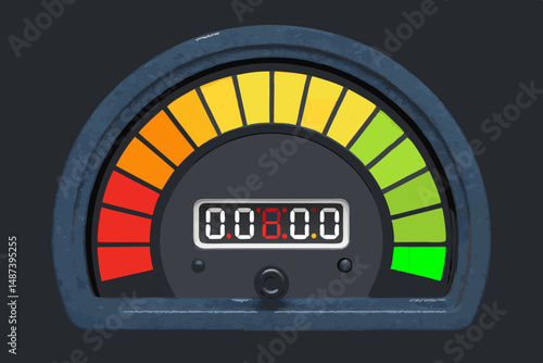 A vibrant, close-up shot of an energy efficiency meter featuring bold, segmented color indicators showing energy consumption levels.  High-resolution, detailed.