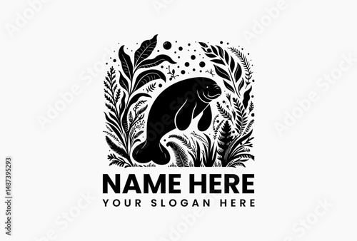 Monochrome silhouette of a happy manatee swimming peacefully amongst various aquatic plants and rising bubbles on a white backdrop. Marine life illustration concept