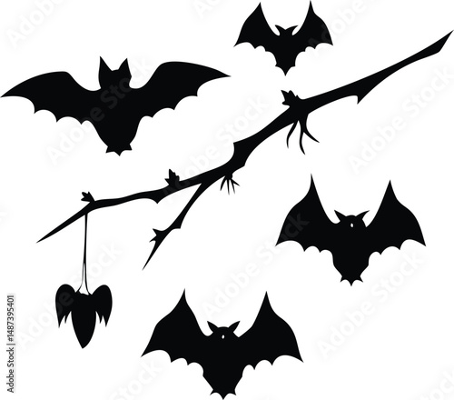 Silhouetted bats are scattered around a spooky twig; a festive Halloween scene