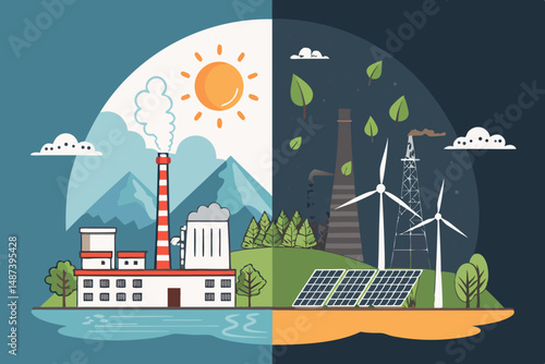 Design a vector illustration depicting the energy transition concept, showcasing a bold visual contrast between dwindling fossil fuels and rising renewable energy sources.