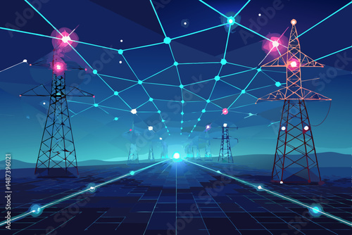 Create a vibrant vector illustration of a futuristic power network, showcasing bold glowing nodes and connecting lines, emphasizing technological advancement and energy flow.