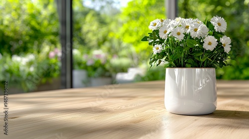 Daisy Flowers in White Pot on Wooden Table
