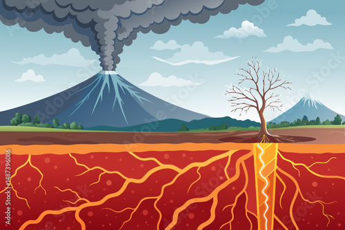 Create a bold, vector illustration depicting a geothermal energy concept.  Show underground heat source powering a surface facility.
