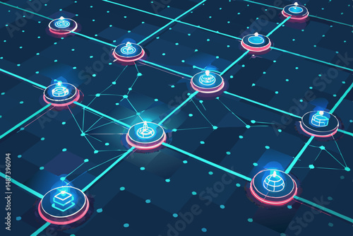 Design a futuristic power network vector illustration featuring bold, glowing nodes and lines, emphasizing energy flow and technological advancement.
