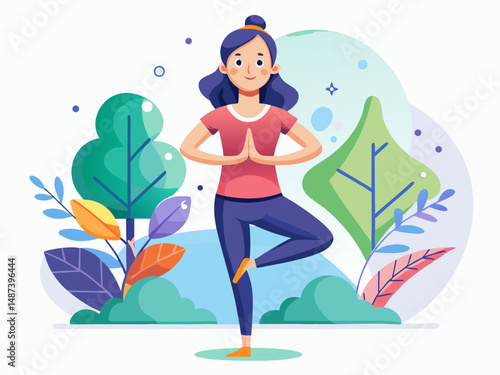 A flat vector of tree pose (Vrikshasana) with arms raised and one foot on inner thigh. White background, balance and focus concept