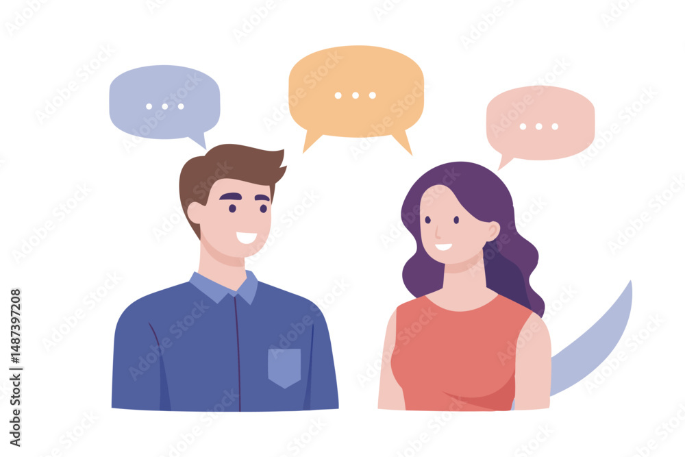 Smiling Caucasian man and woman have conversation bubbles surrounding them on a white background Smiling Caucasian man and woman have conversation bubbles surrounding them on a white background