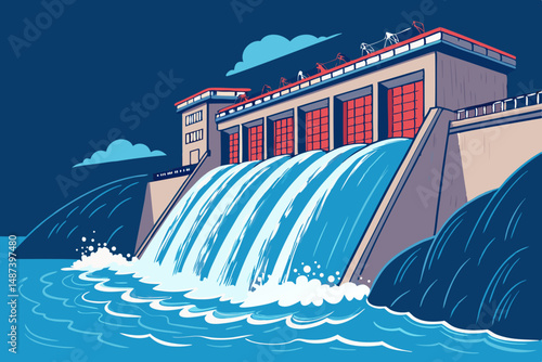 Create a vector illustration of a powerful hydroelectric dam with dramatically depicted, bold water flow.  Include realistic details and strong visual impact.