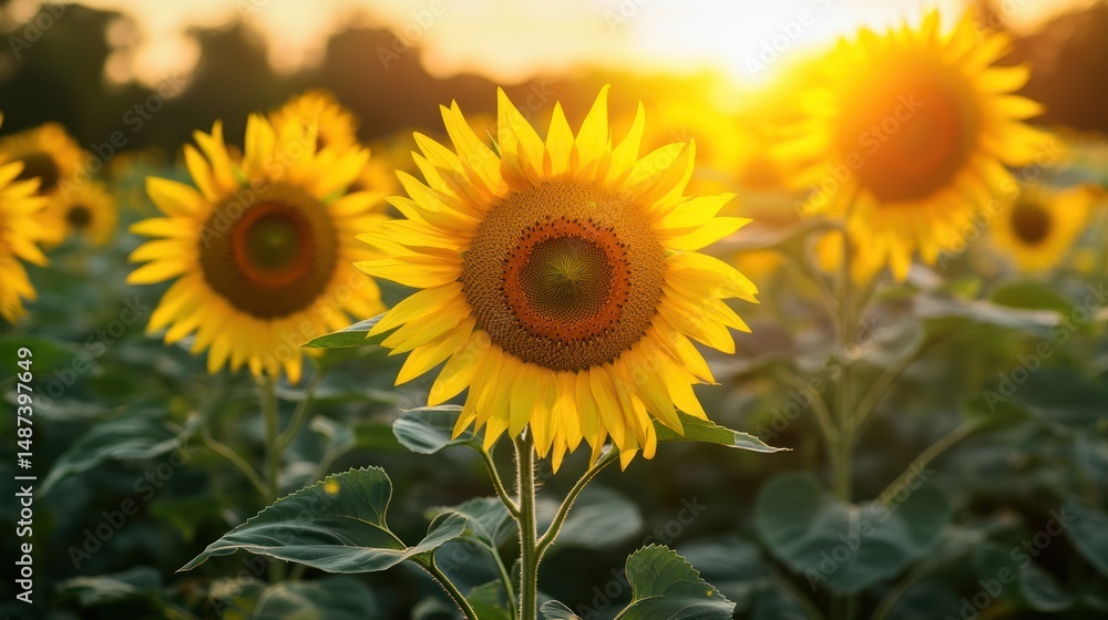 Obraz premium Golden Hour Sunflowers: A Vibrant Sunset Field