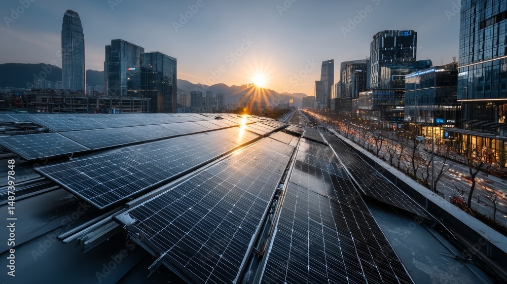 Fototapeta premium Modern rooftop solar panels capture golden sunlight at dusk, showcasing sustainable energy in an urban landscape