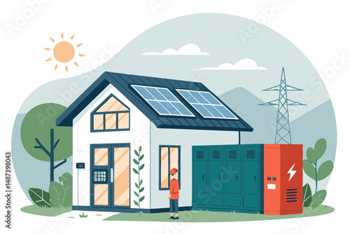 Create a detailed vector illustration of an off-grid house powered by solar panels, showcasing energy independence. Include a house, solar panels, and battery storage.