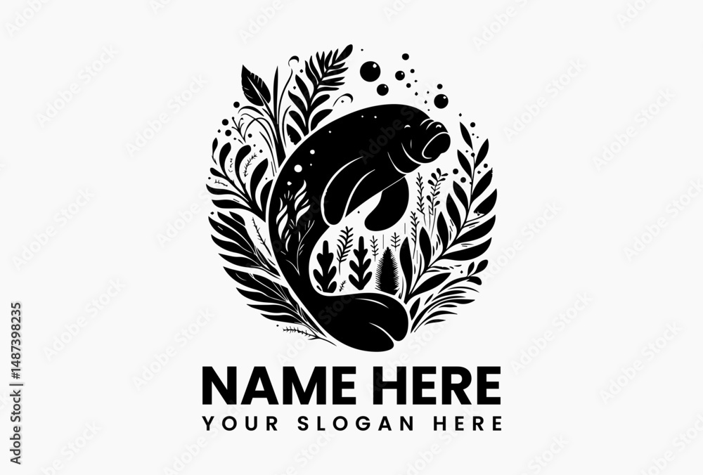 Obraz premium Cheerful manatee vector silhouette gliding through underwater plants with rising bubbles on clean white background. Aquatic life logo