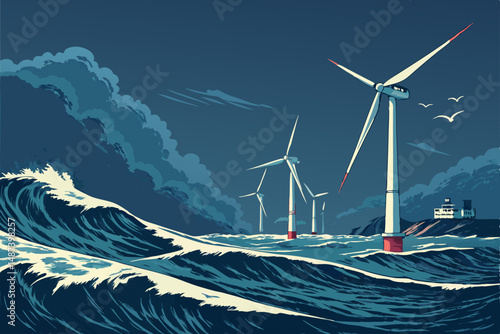 Create a bold vector illustration of an offshore wind farm, emphasizing powerful turbines against a dramatic sea backdrop.  Include detailed turbine blades and a realistic ocean.