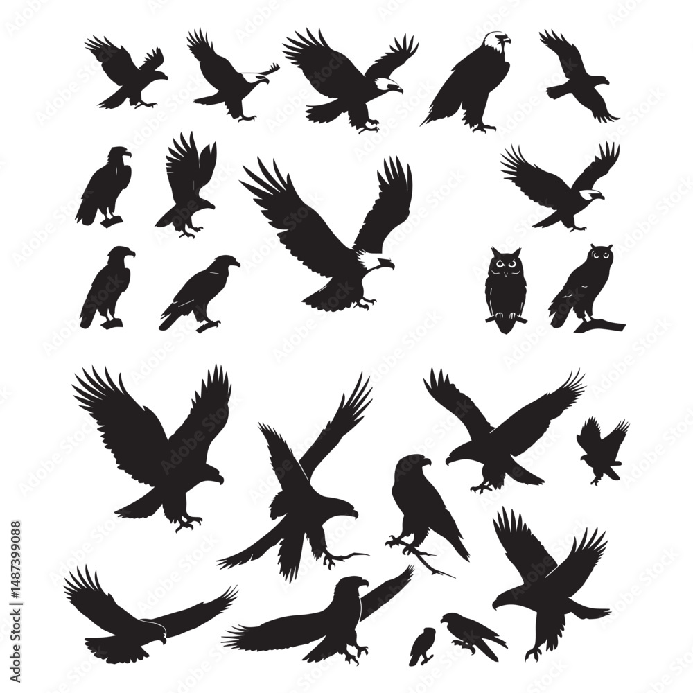 Fototapeta premium Set of black bird' vector icon silhouettes isolated on white background