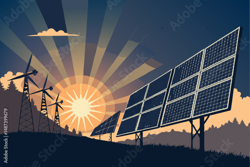 Create a bold, stylized vector illustration of renewable solar energy, featuring solar panels and the letter 'S' incorporated into the design.  High-resolution, clean lines.