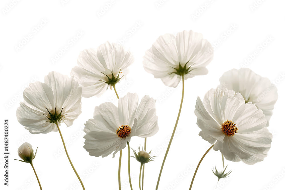 Elegant White Cosmos Flowers on Transparent Background, PNG Elegant White Cosmos Flowers on Transparent Background, PNG