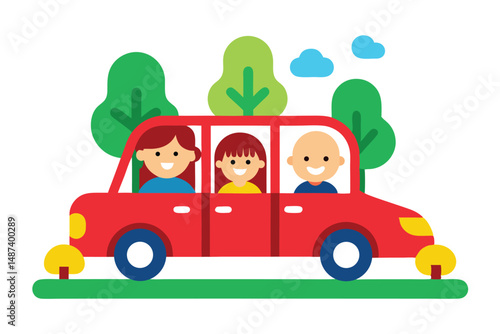 Smiling passengers in a bright red car enjoy a playful drive under a sunny sky