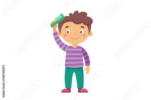 Smiling young boy with brown hair is brushing his hair with comb
