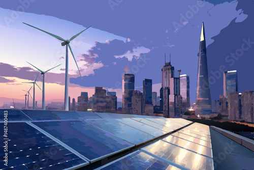 Futuristic smart city skyline, powered by solar panels on bold, architecturally striking roofs; clean energy infrastructure visible.