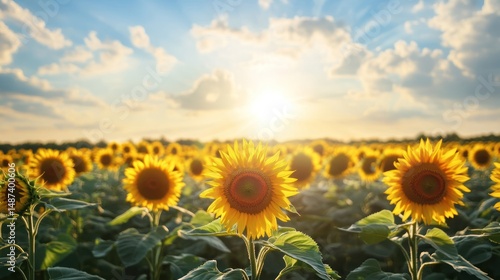 Golden Hour Sunflowers: A Serene Sunset in a Sunflower Field
