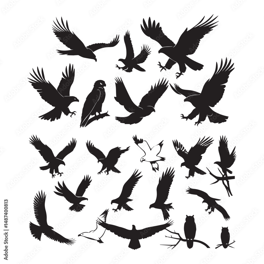 Obraz premium Set of black bird' vector icon silhouettes isolated on white background