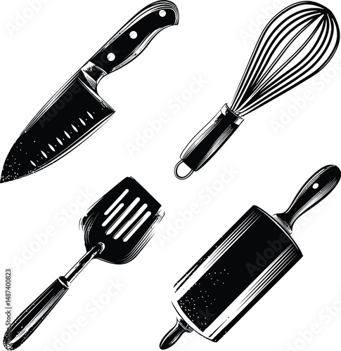 Black and White Vector Illustration Featuring Four Essential Kitchen Utensils: Chef's Knife with Riveted Handle, Wire-Loop Whisk, Slotted Spatula, and Cylindrical Rolling Pin