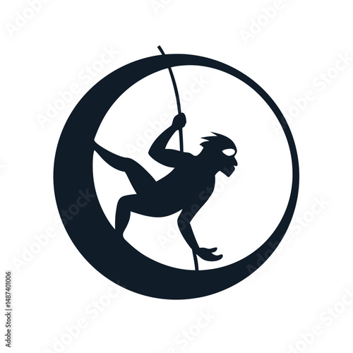 Silhouette of a figure swinging on a crescent moon in a minimalist dark style