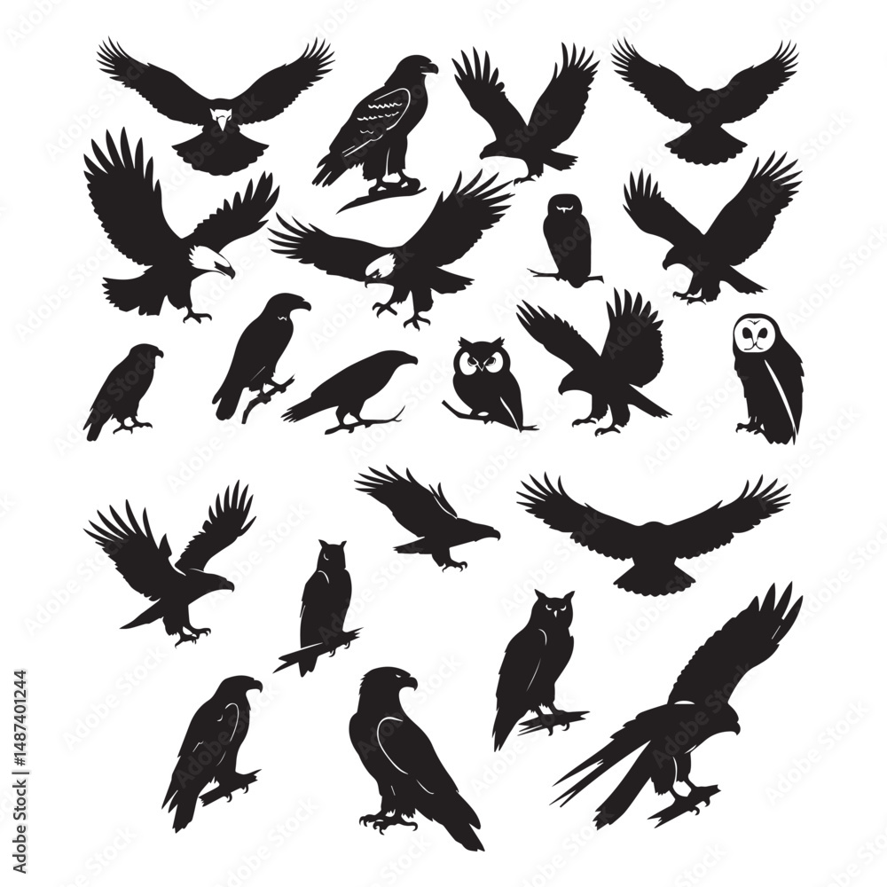 Obraz premium Set of black bird' vector icon silhouettes isolated on white background