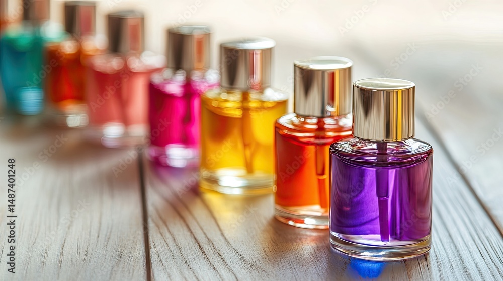 Group of glossy bright nail polish bottles arranged in a triangle formation on a light wooden table Group of glossy bright nail polish bottles arranged in a triangle formation on a light wooden table