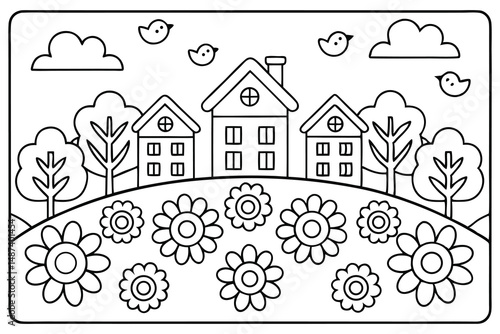 Black and white outline houses, trees, flowers, and birds create a simple nature scene