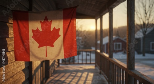 Canadian Flag Hanging on a Rustic Porch at Sunset