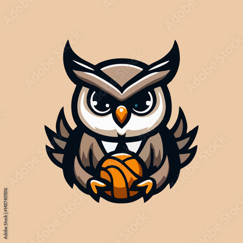 Owl mascot cartoon design for predator nocturnal bird logo template, cute forest animal illustration, bigeyes character badge, flat wings vector emblem, modern creative expressive wildlife art

