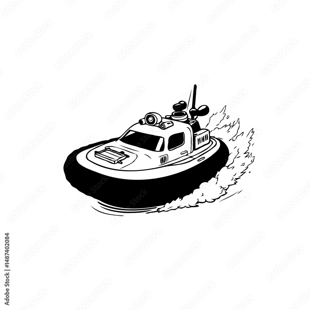 Naklejka premium Monochrome hovercraft illustration gliding over water, creating a dynamic scene