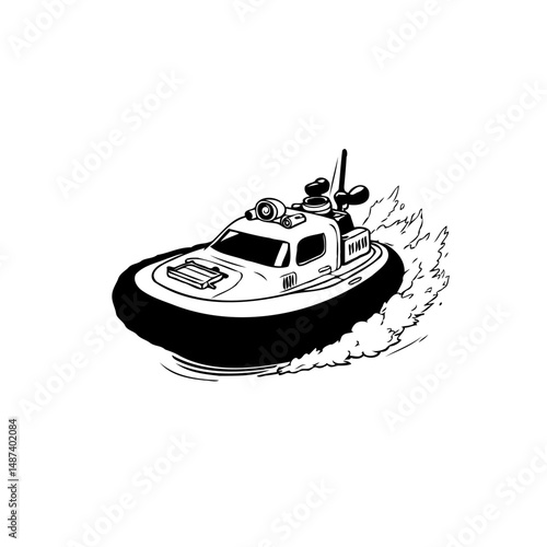 Monochrome hovercraft illustration gliding over water, creating a dynamic scene