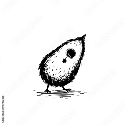 Whimsical bird drawing standing in black and white artistic presentation