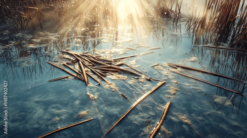 Sticks float on water surface with sunlight shining through reeds.