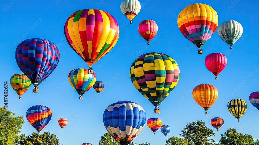 Obraz premium Helium balloons in vibrant hues gently drifting across a clear summer sky