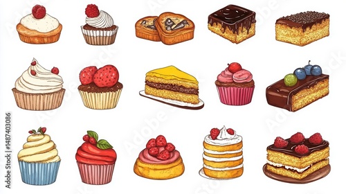 Illustration of birthday cake clipart with pieces of well dressed cakes