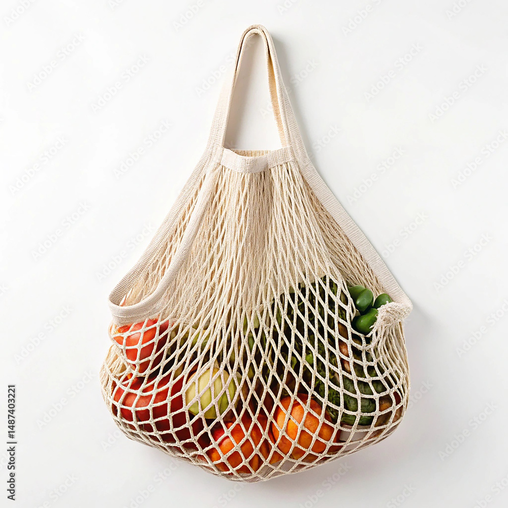 Fototapeta premium Cotton mesh shopping bag with long handles