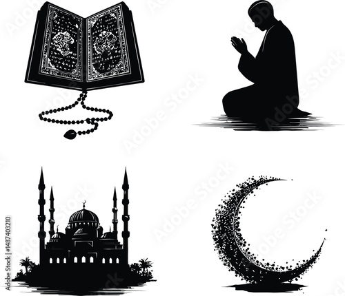 Black and White Vector Illustration Featuring Four Islamic Symbols: The Quran with Prayer Beads, A Person in Supplication, A Majestic Mosque Silhouette, and A Crescent Moon Composed of Particles
