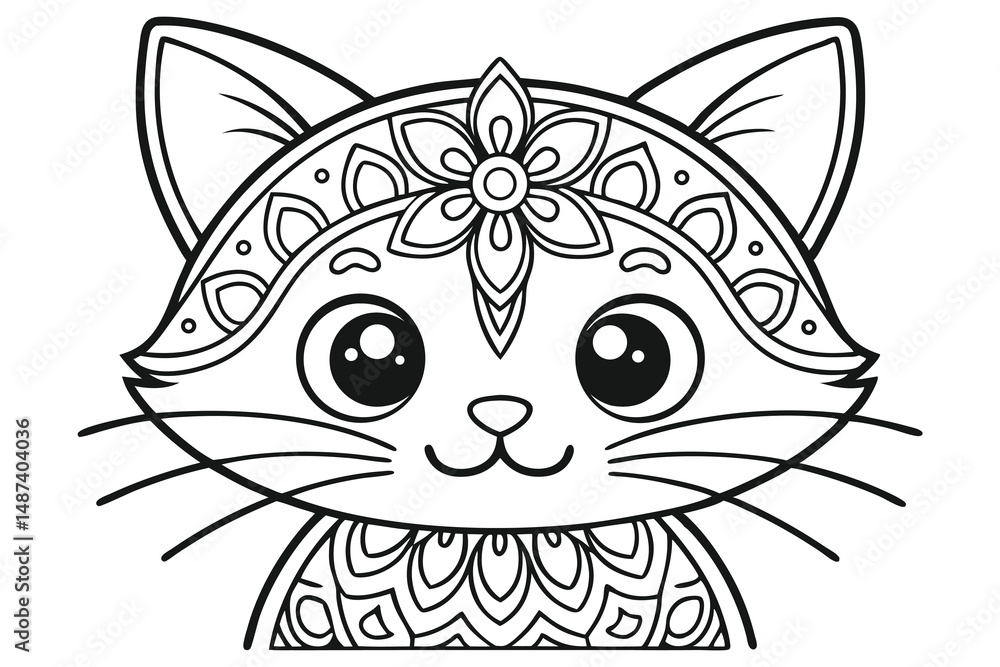 Obraz premium Ornamental kitten with big eyes shows floral crown on its head in black lines