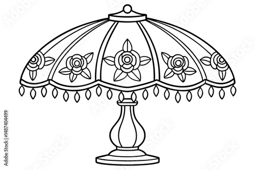 Ornate lamp outline showcases a vintage silhouette, floral pattern, and hanging pendants on white
